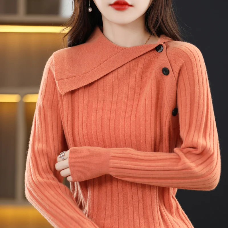 

New Autumn AndWinter Women's Lapel Pullover Solid Color Oblique Buckle Long Sleeve Sweater Knitted Wool Bottoming Shirt