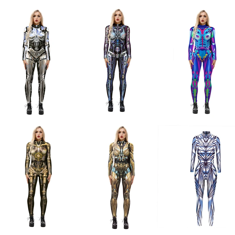 Robot Halloween Skeleton Cosplay Costumes Sexy Slim Jumpsuit for Women Halloween Carnival Future Technology Steampunk Bodysuit