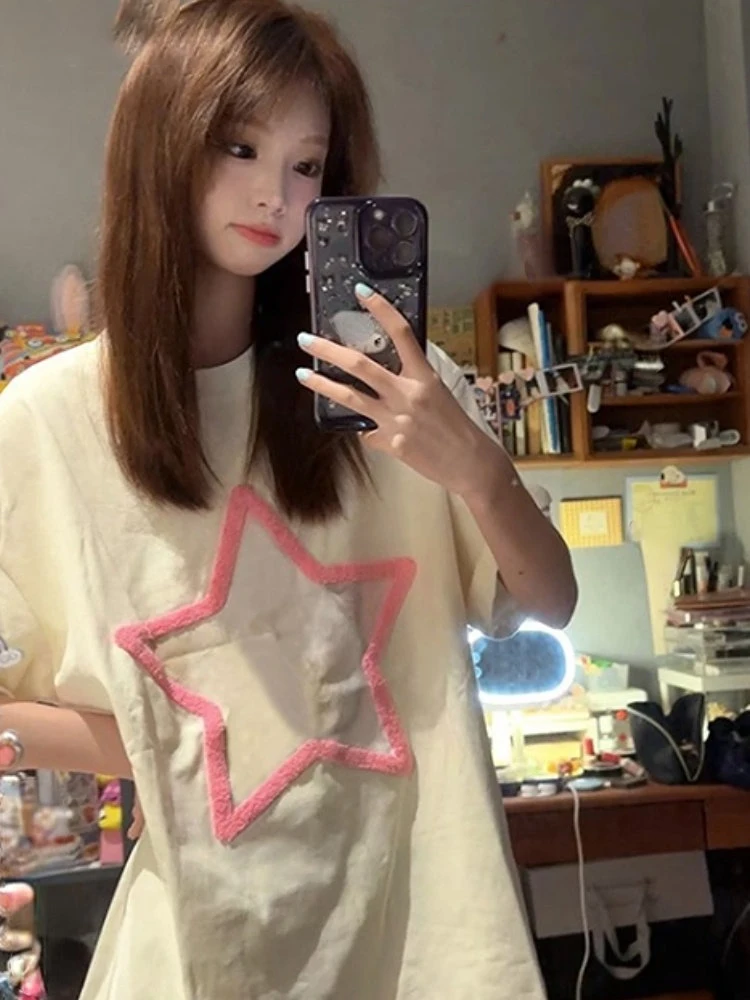 

Свободная Повседневная Женская футболка Y2k с коротким рукавом, винтажная шикарная футболка со звездой и вышивкой, японские милые универсальные футболки