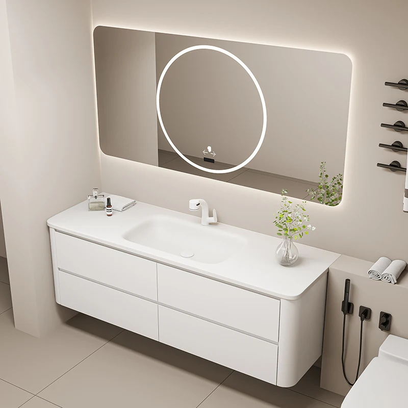 

Oak Integrated Double Basin Bathroom Cabinet Combination Curved Coating Grill Paint Washbasin Hands Can Be Customized