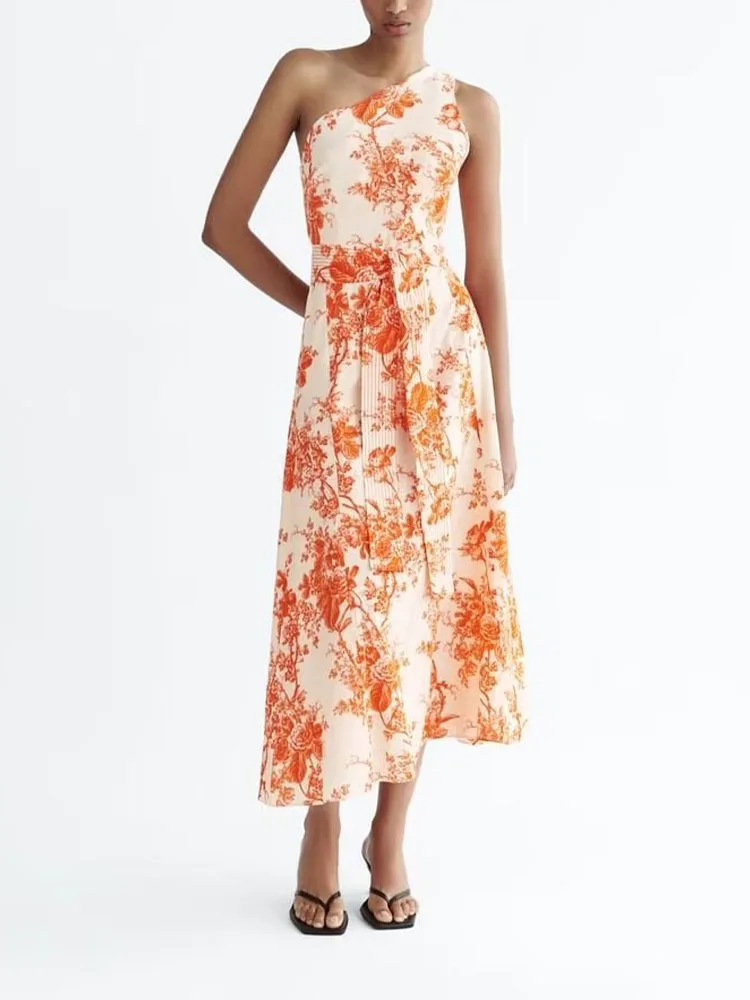 

23 Summer New Print Asymmetric Collar Mini Dress Waistband Decoration