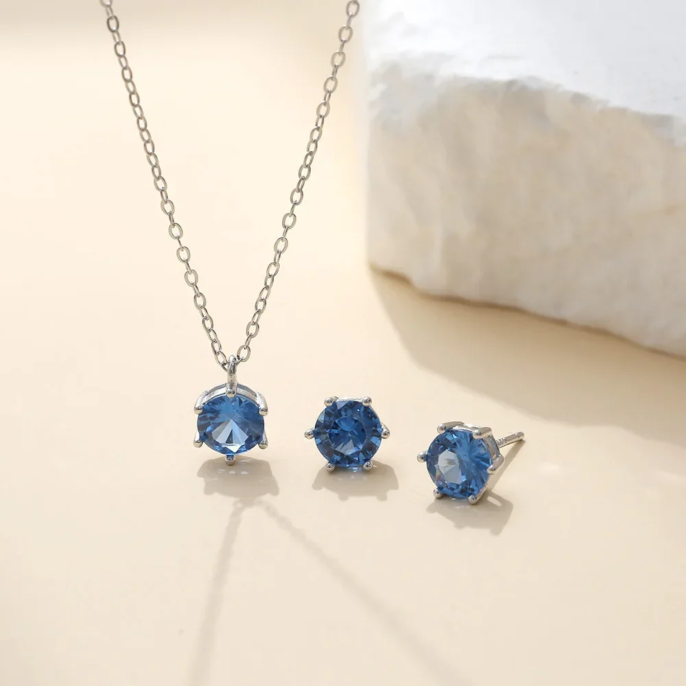 S925 Silver Pure Fashionable Korean Style Elegant Blue Gemstone Necklace With Sweet Earrings Suitable For Daily Wear