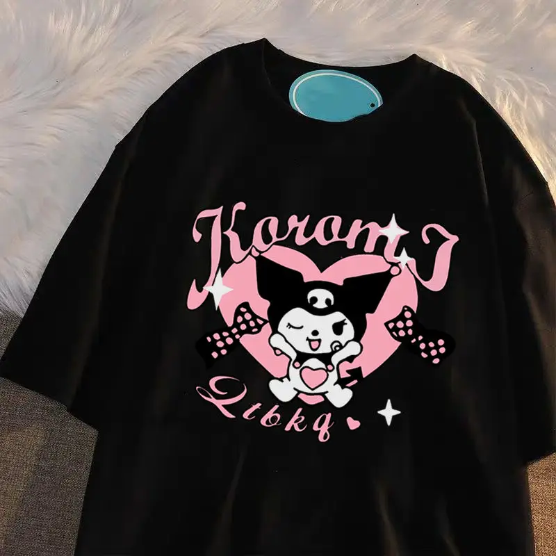 

Kawaii Kuromi летняя детская хлопковая футболка с коротким рукавом с мультяшным принтом Love Детская универсальная Kawaii Свободная Повседневная футболка с круглым вырезом