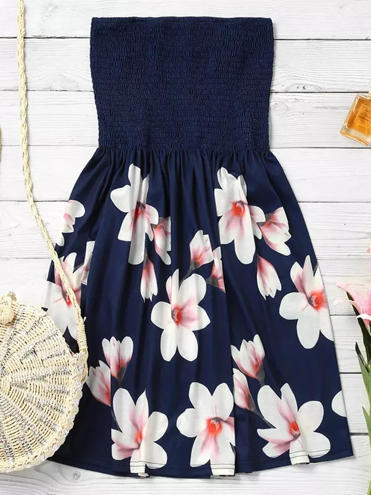 

Мини-платье женское летнее с цветочным принтом, без бретелек, с оборками