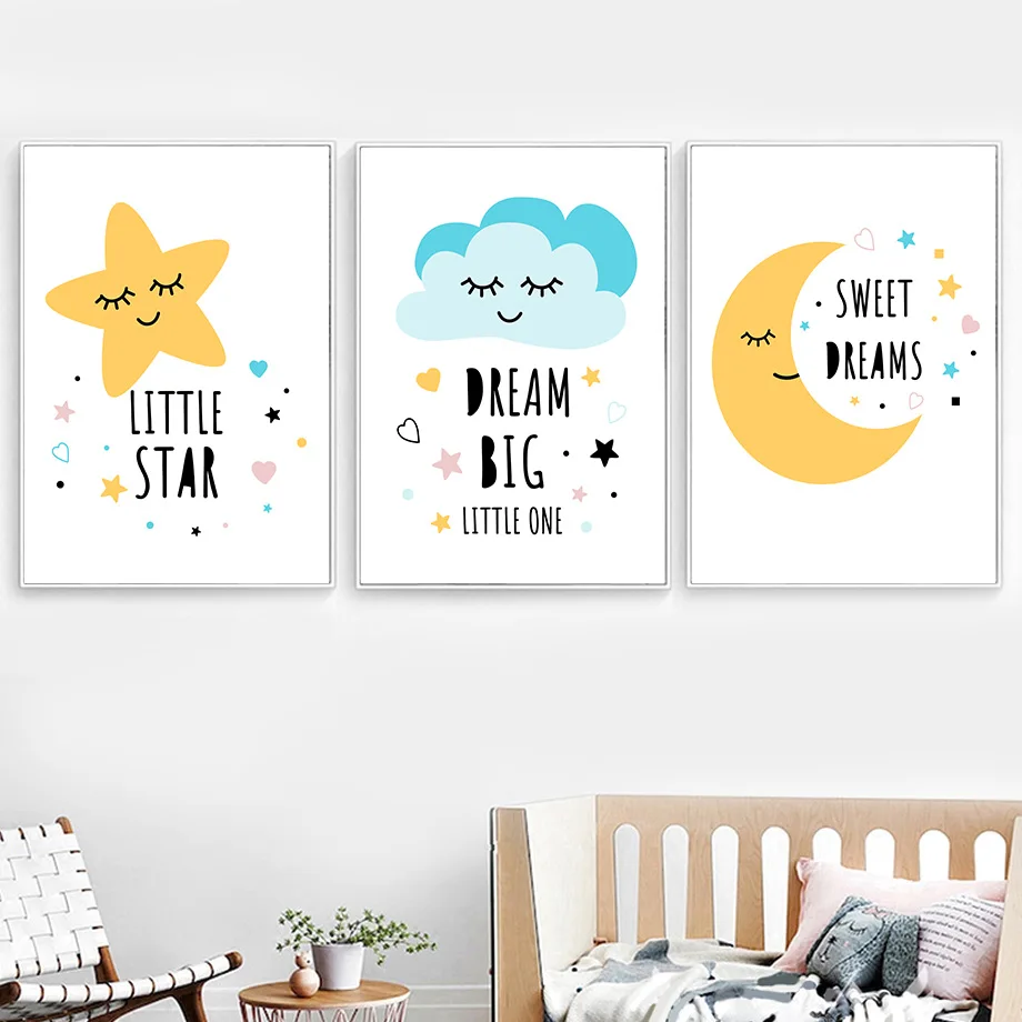 

Abstract Star Cloud Moon Sleep Wall Art Poster Big Sweet Deams Heart Print Quotes Canvas Painting Nordic Baby Kids Room Decor