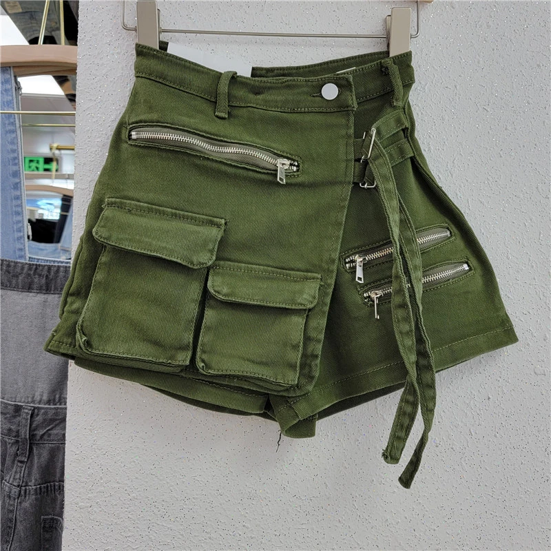 Korean Style Multi Pockets Cargo Denim Shorts Zipper Lace Up High Waist A-line Women Fashion Casual Jeans Culottes Streetwear
