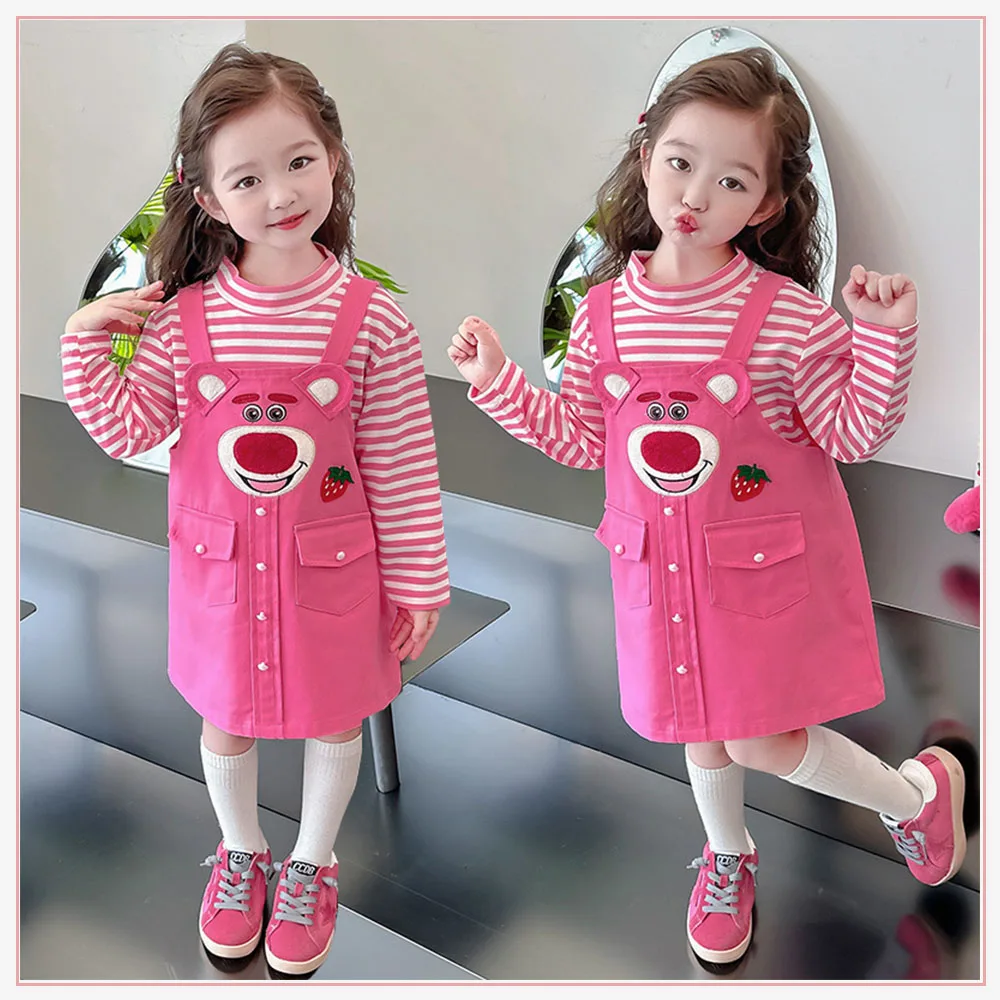 

Kawaii Disney Lotso Girl Suspender Skirt Anime Strawberry Bear Suit Dress Children's Y2K Fashion Versatile Cute Two-Piece Gift