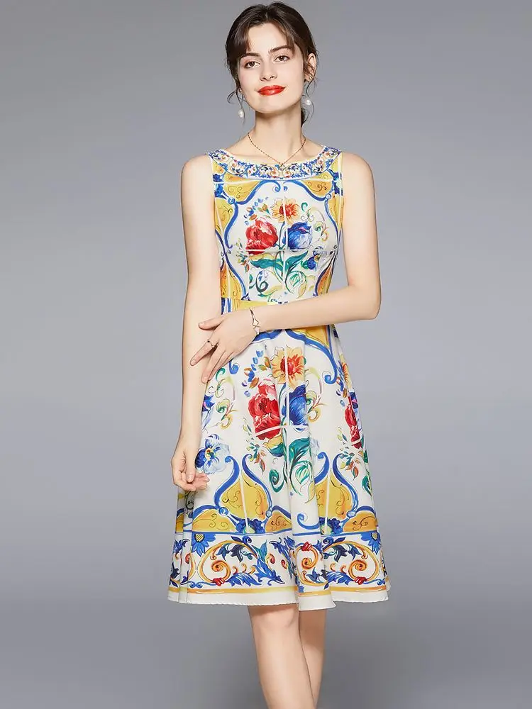 

Runway Blue and White Porcelain Floral Tank Dress Women's Sleeveless O Neck Vest Flower Print Holiday Beach Midi Party Vestidos