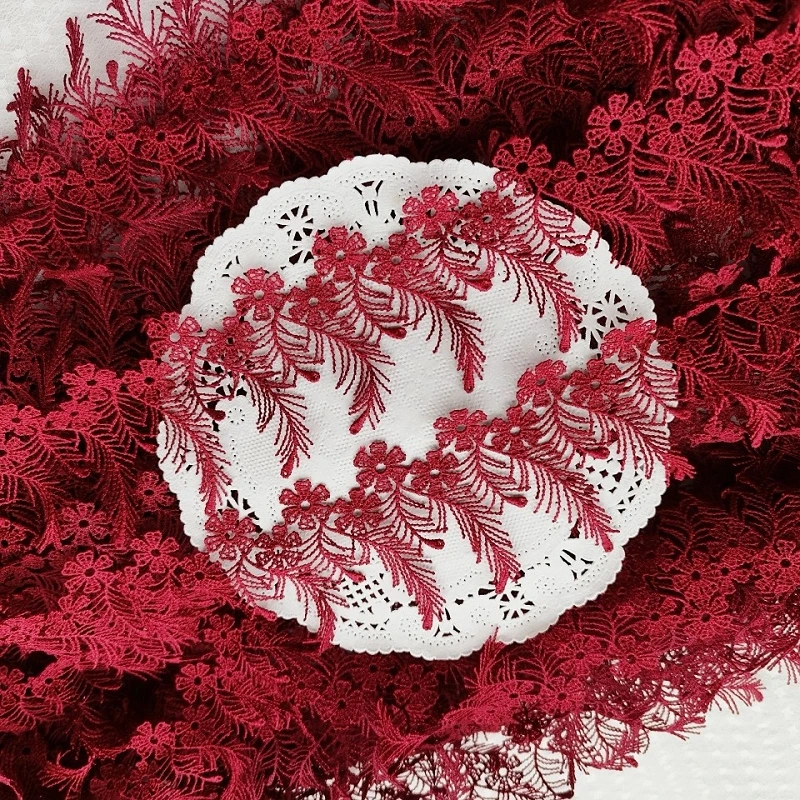 

45Yards Sewing Accessories Water Soluble Dark Red Tassel Fringe Lace Applique Embroidered Lace Trim 4.9cm Width