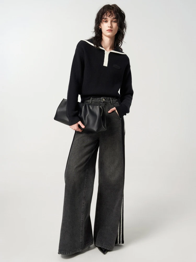 U/Ti черный повседневный свитер контрастного цвета с большими лацканами для