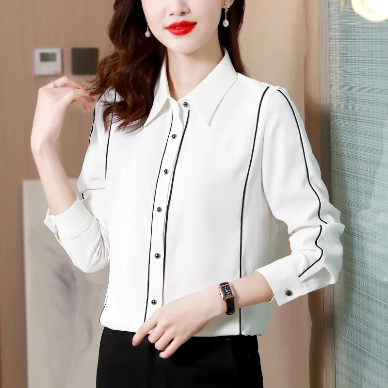 

#1723 OL Office Women Tops And Blouse Vintage Long Sleeve Chiffon Tops Polo-ncek Button Black White Panelled Spring Autumn 2022