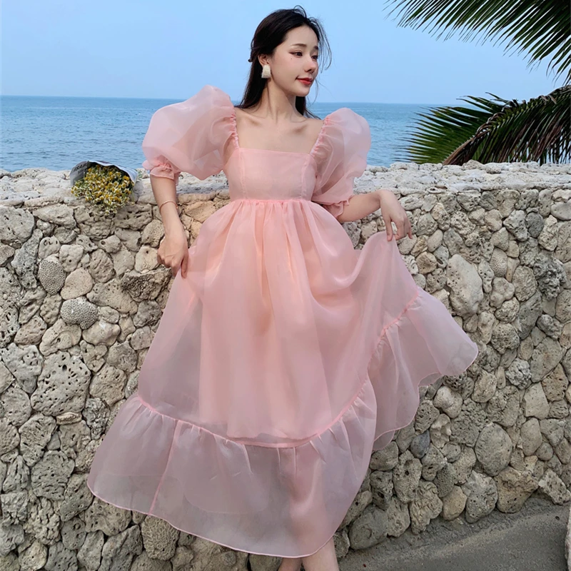 

Summer Pink Midi Dress Women 2022 Elegant Vintage Long Fairy Casual Dresses for Wedding Guest Princess Bridesmaid Birthday Prom