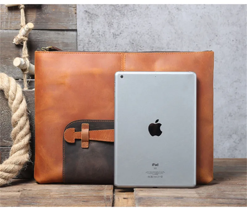 Vintage genuine leather men's large-capacity A4 file clutch bag simple natural real cowhide work tablet computer storage bag