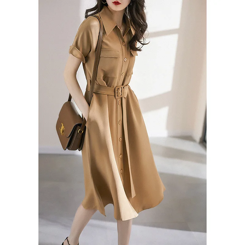 Simple Luxury 30MM Mulberry Silk Crepe Lace-up Shirt Dress Women Elegant OL Silk Dress Shirt Dress with Belt and Pocket Brown