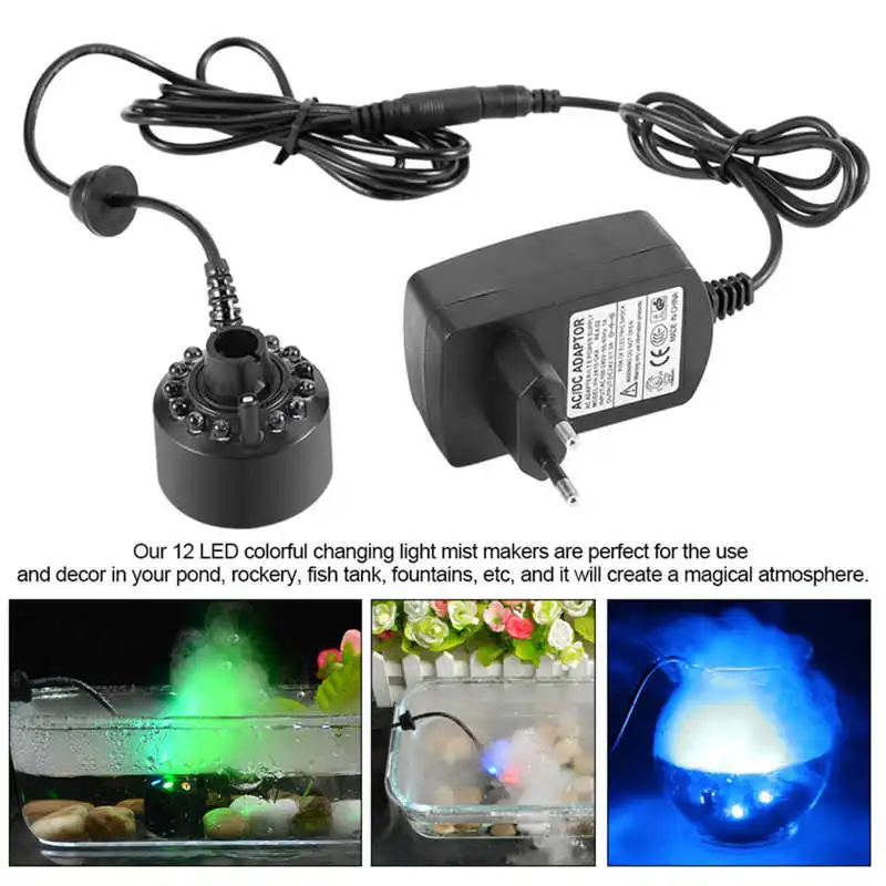 

1Pc 12LED Colorful Mist Maker for Water Fountain Pond with Power Adapter 110‑240V US/EU Plug