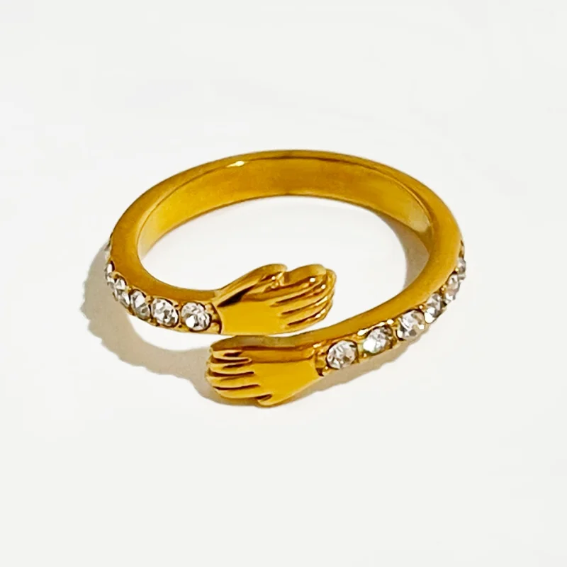 

Minar Unique Design Shinning Rhinestones Irregular Hand Charm Rings for Women 18K Gold Plated Stainless Steel Finger Ring Gift