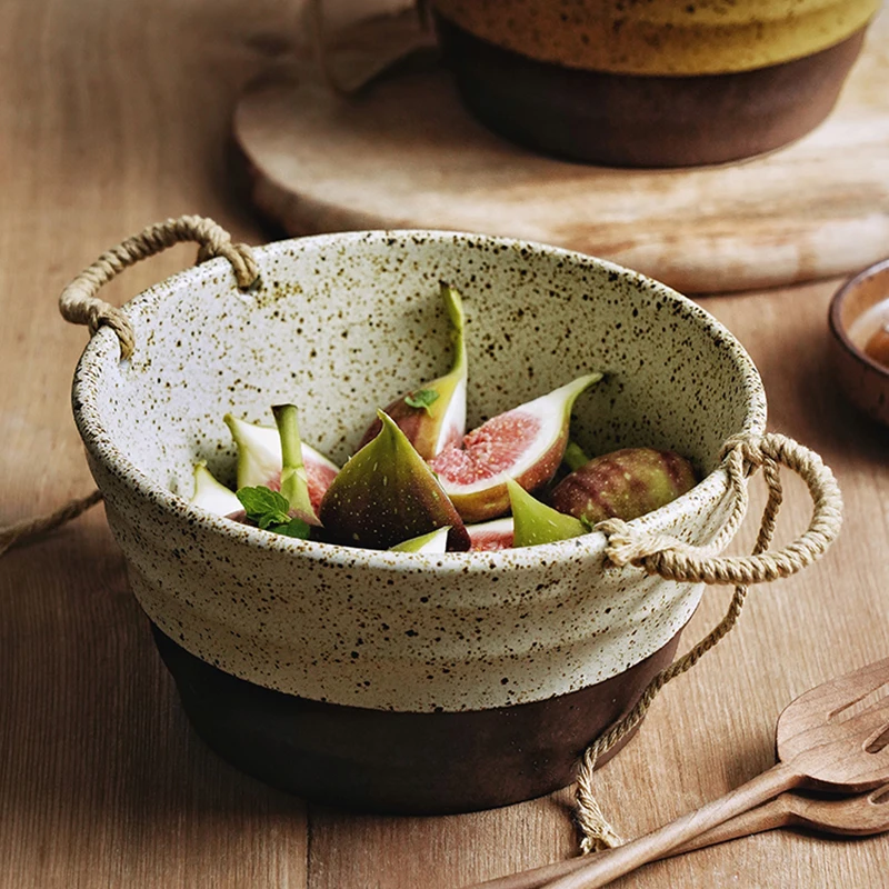 

1PC Japanese Style Ceramic Round Retro Terracotta Two-ear Bowl 6 Inch Large Eating Salad Noodle Soup Restaurant Dinner Bowl Set