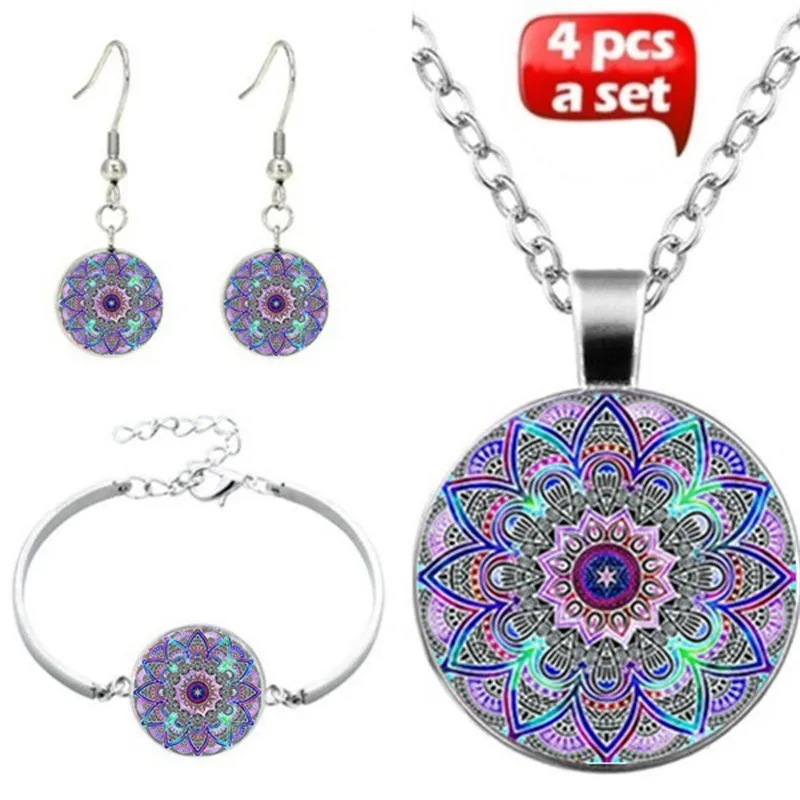 

LE Om India Yoga Mandala Glass Cabochon Pendant Necklace Bracelet Bangle Earrings Jewelry Set 4Pcs Women's Gift