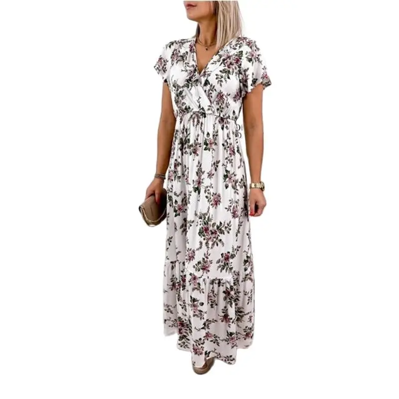

New Women Printed Flowers Long Dress Sexy V-neck Summer Holiday Beach Dress New Fashion Women Ruffles Dress Drop Shipping