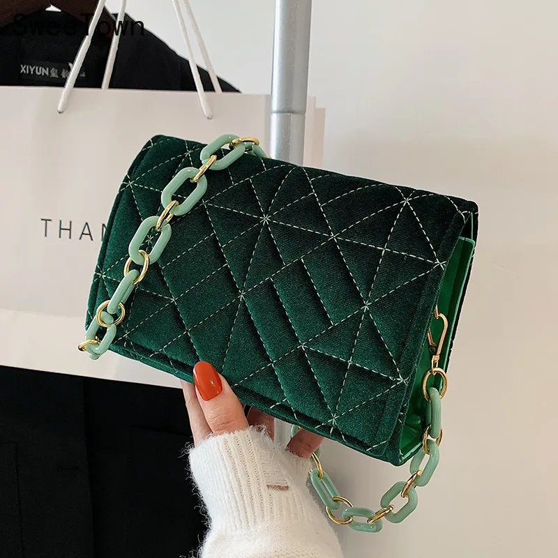 

Sweetown Embroidery Thread Chain Shoulder Bag For Women Small Square Brand Handbag Female PU Leather Design Armpit Clutch Purse