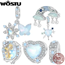 WOSTU 925 Sterling Silver Melting Ice Snowflake Pendant Blue Opal Love Heart Rainbow Charm Fit Original Bracelet DIY Winter Gift