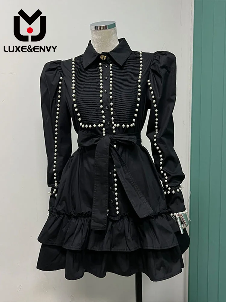 

LUXE&ENVY 2023 Early New British Unique Sweet Salt Cotton Pearl Edge Long Sleeve Button Dress Women 2023 Summer