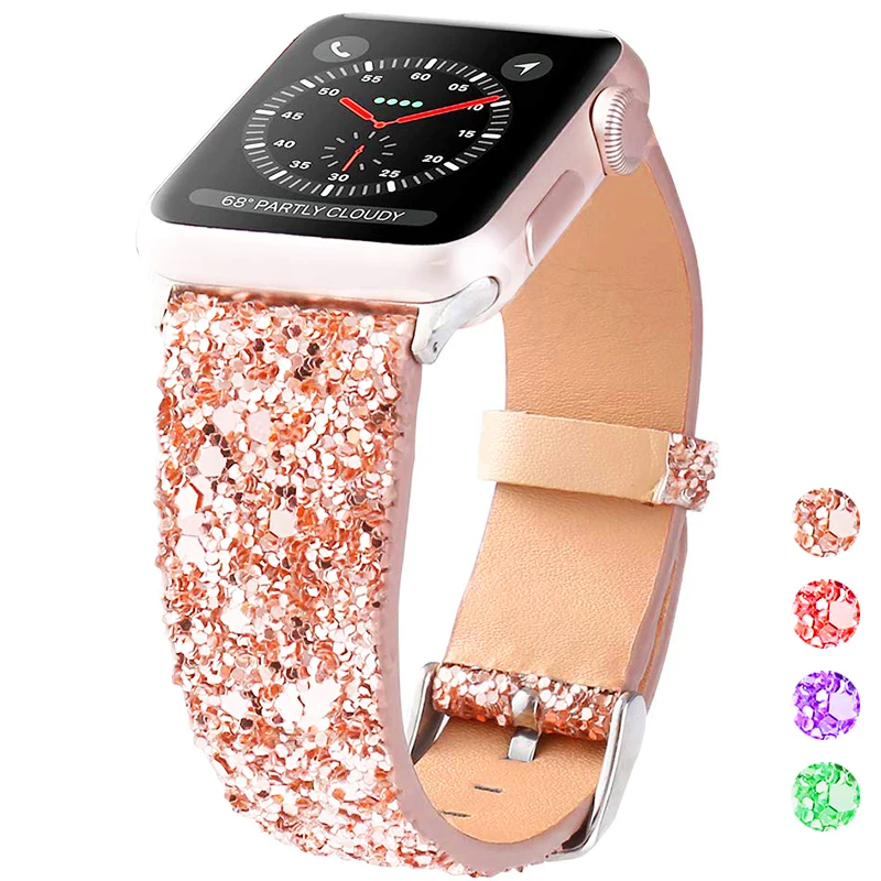 

Shiny WatchBand for Apple Watch band 44mm 38mm 40mm 42mm 41mm 45mm Glitter Leather Strap IWatch Series 8 7 6 5 4 3 SE Ultra 49mm