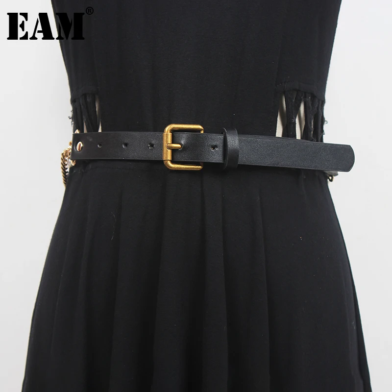 

[EAM] Pu Leather Black Metal Chain Long Wide Belt Personality Women New Fashion Tide All-match Spring Autumn 2023 1DF1279