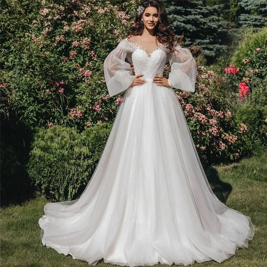 

Sheer Neck Applique Lace Long Sleeves Wedding Dress Lace Up Tulle vestidos de fiesta de noche largos elegantes Dress for Bridal