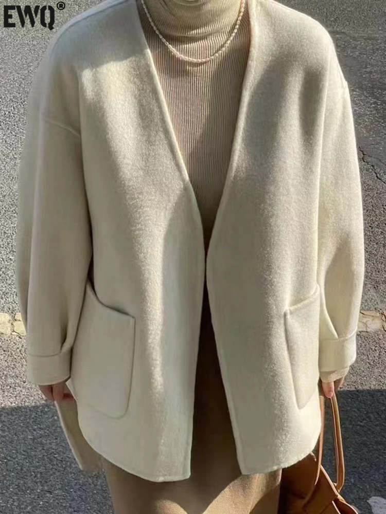 

[EWQ] Minimalist Long Sleeve Double Sided Cashmere Coat Women Thick Pink Overcoat Woolen Jacket 2023 Autumn Winter Tops 16U4486