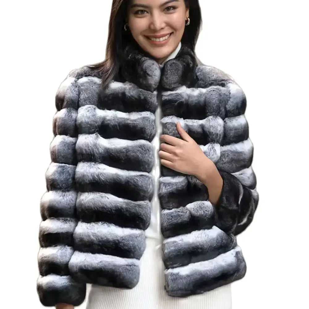 

2023 New Women's Chinchilla Striped Jacket Real Rex Rabbit Fur Fur All-in-one Fur Coat Coat Length 60cm Package Mail Winter Thic