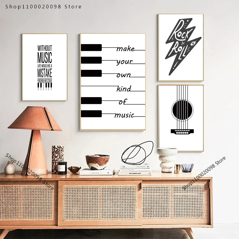 Abstract Black and White Piano Keyboard Sheet Music Guitar T
