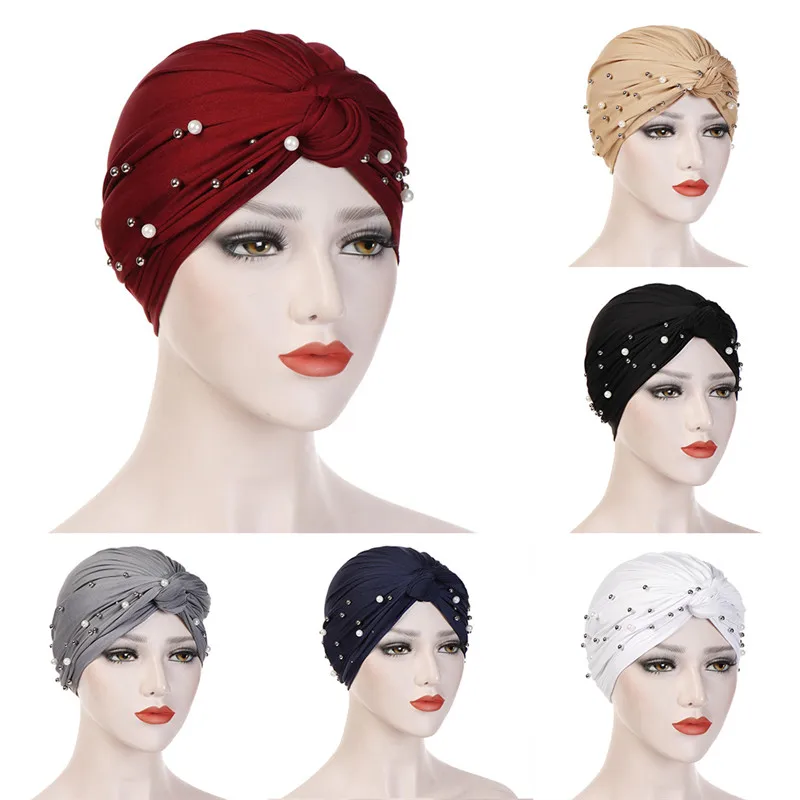 

Muslim Fashion Women Elastic Velvet Pearls Turban Caps Islamic Hijab Bonnet Musulman Femme Headscarf Indian Hat Turbante Mujer