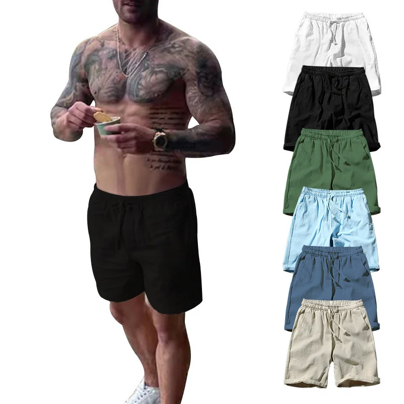 

6 Colors! 2023 Summer Fitness Shorts Men's Cotton Hemp Running Training Quarters Casual Large Sports Shorts