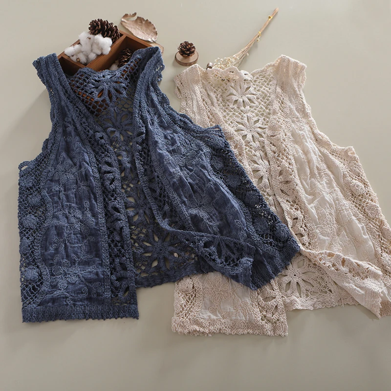 

Cotton Crochet Women's New Summer Dress Literary and Art All-match Solid Color Stitching Sleeveless Cardigan Hollow Knitted Vest