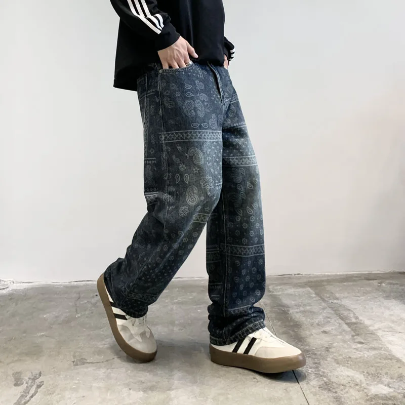 Джинсы с принтом пейсли мужские свободные прямые брюки 2024 осенняя уличная мода в