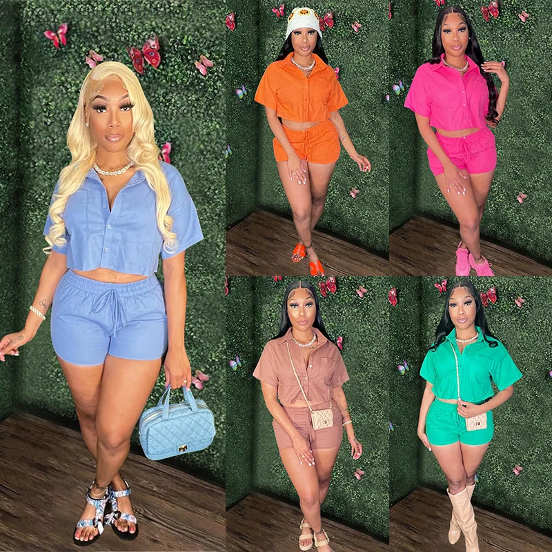 

Casual Women Biker Two Piece Set Turn Down Collar Shirt + Short Pants Tracksuit Matching Set Clothes For Women Outfit