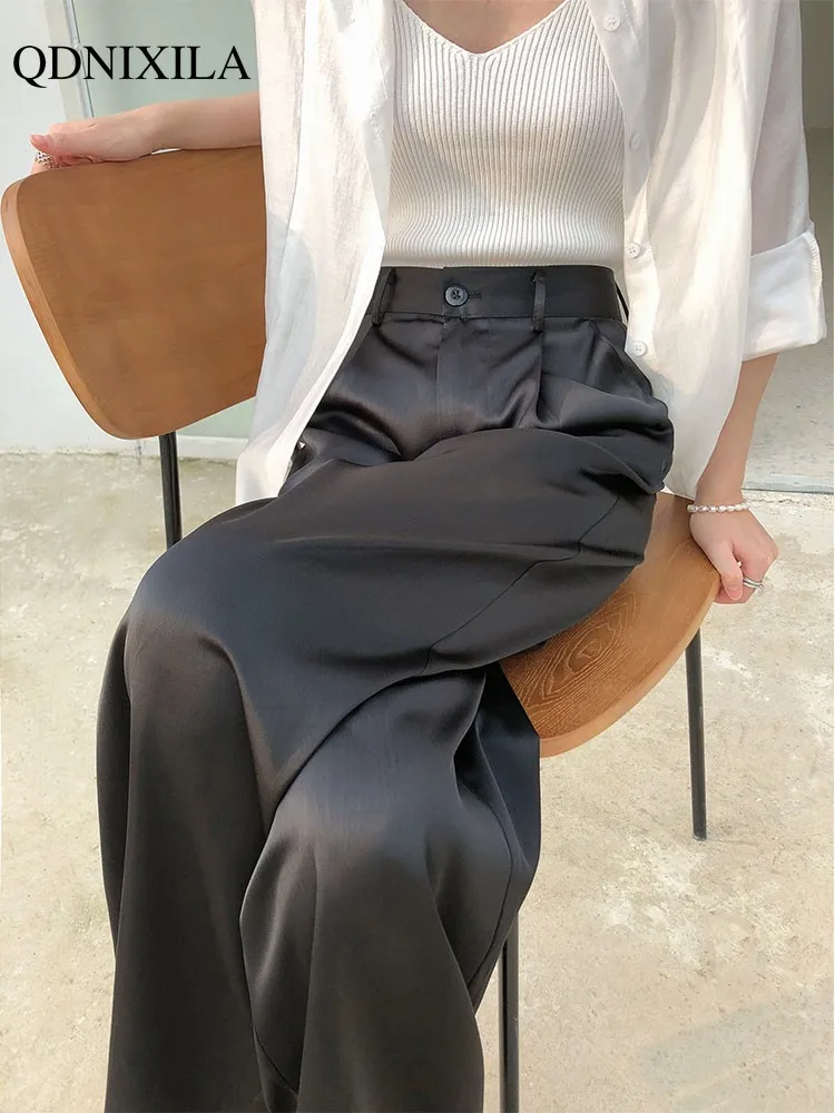 2022 Summer Autumn Silk Satin Women's Pants Loose Oversized Black Straight High Waist Casual Korean Wide Leg Trousers for Women