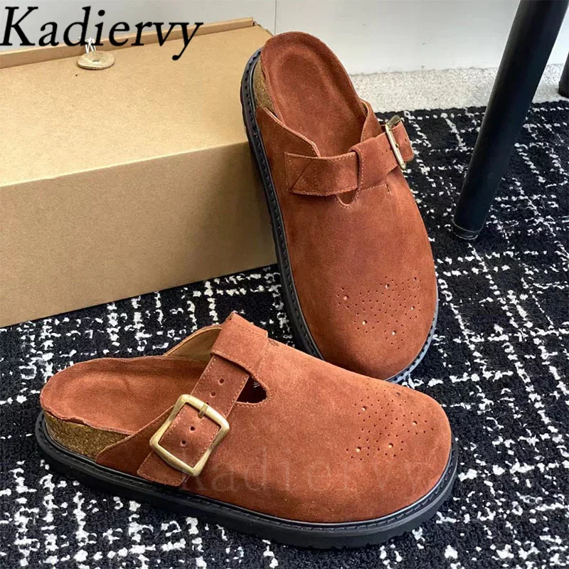 Шлепанцы женские из нубука люксовые туфли на плоской подошве круглый носок