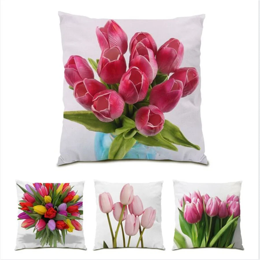 

Beautiful Cushion Cover 45x45 Decoration Velvet Polyester Linen Comfortable Pink Flower Pillowcase Leaves Pattern Decor E0237