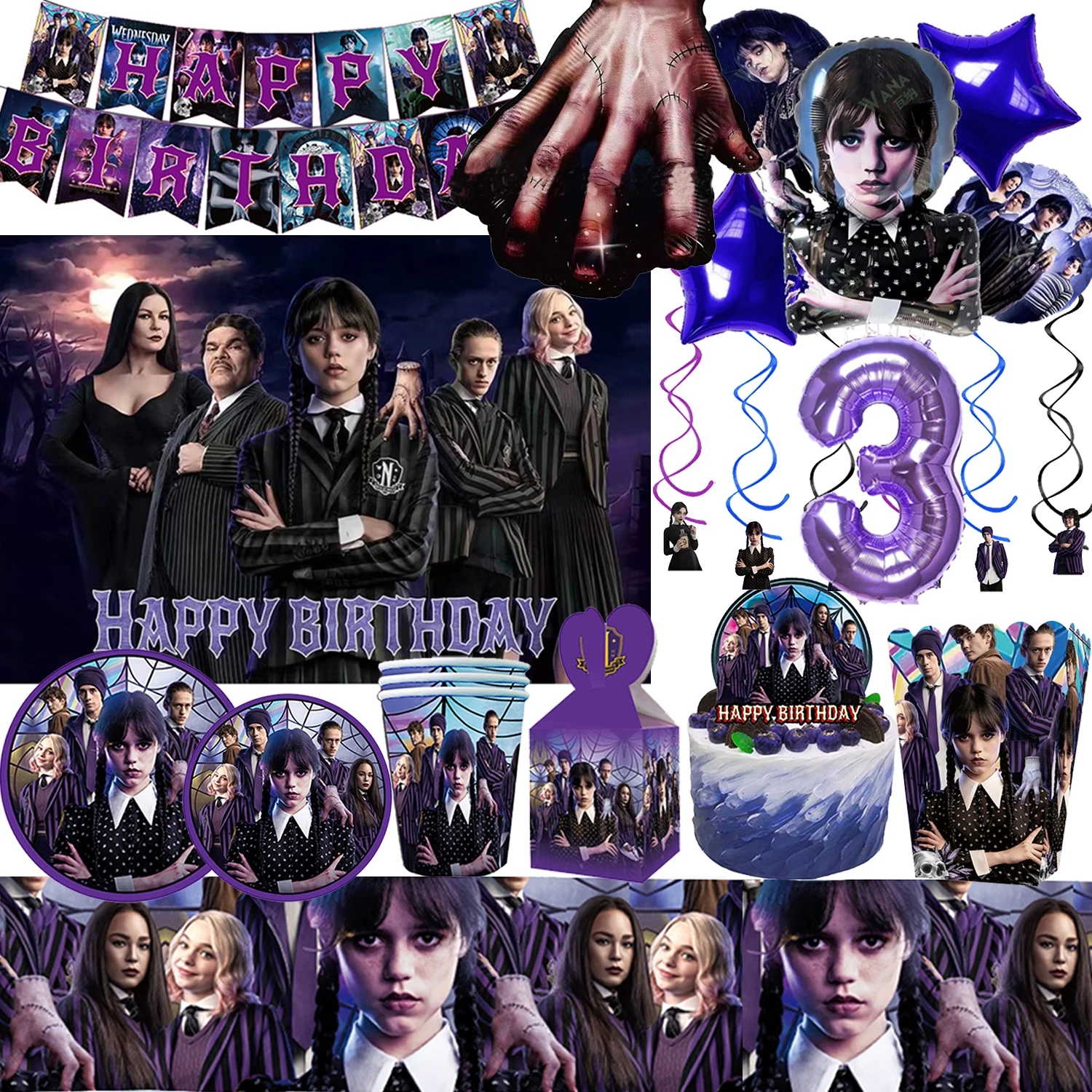 

Wednesday Addams Birthday Party Decorations Happy Birthday Banner Backdrop Tablecloth Latex Balloons Cake Topper Cupcake Topper