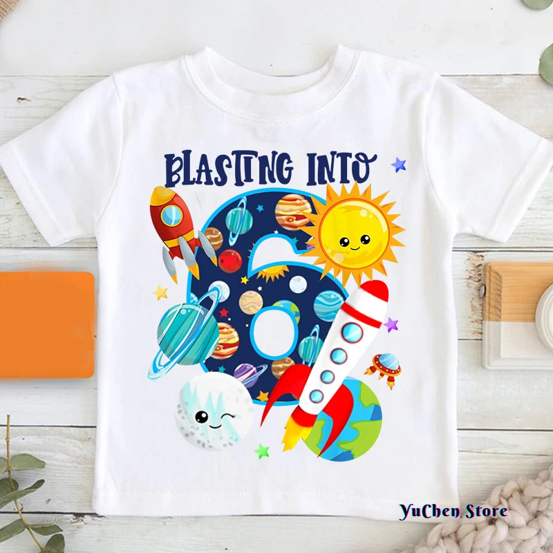 

New Boys' Outer Space Birthday Shirt Girls' Custom Set Rocket Children's Summer Children's Top Set Clothes Children's Clothing