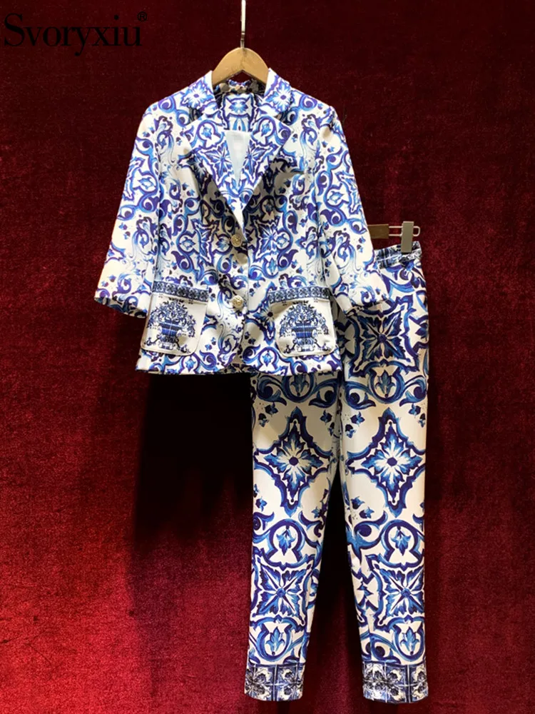 

Svoryxiu Designer Autumn Vintage Blue And White Porcelain Long Pants Suit Women's Lapel Button Pockets Tops + Pencil Long Pants