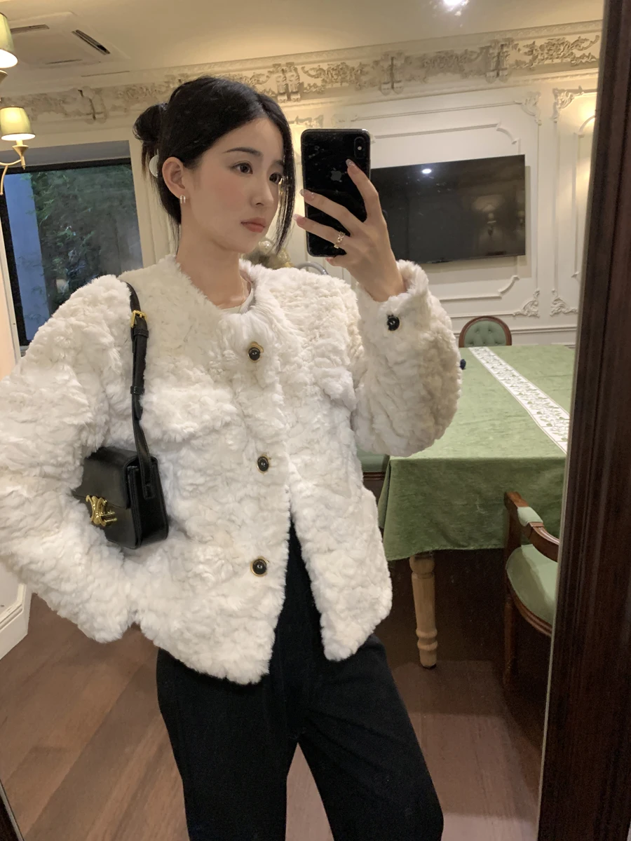 Long Sleeve Lamb Wool Coat New Faux Fur Plush Women's Winter Solid Color Fashion Short Jacket Loose All-matching Clothing