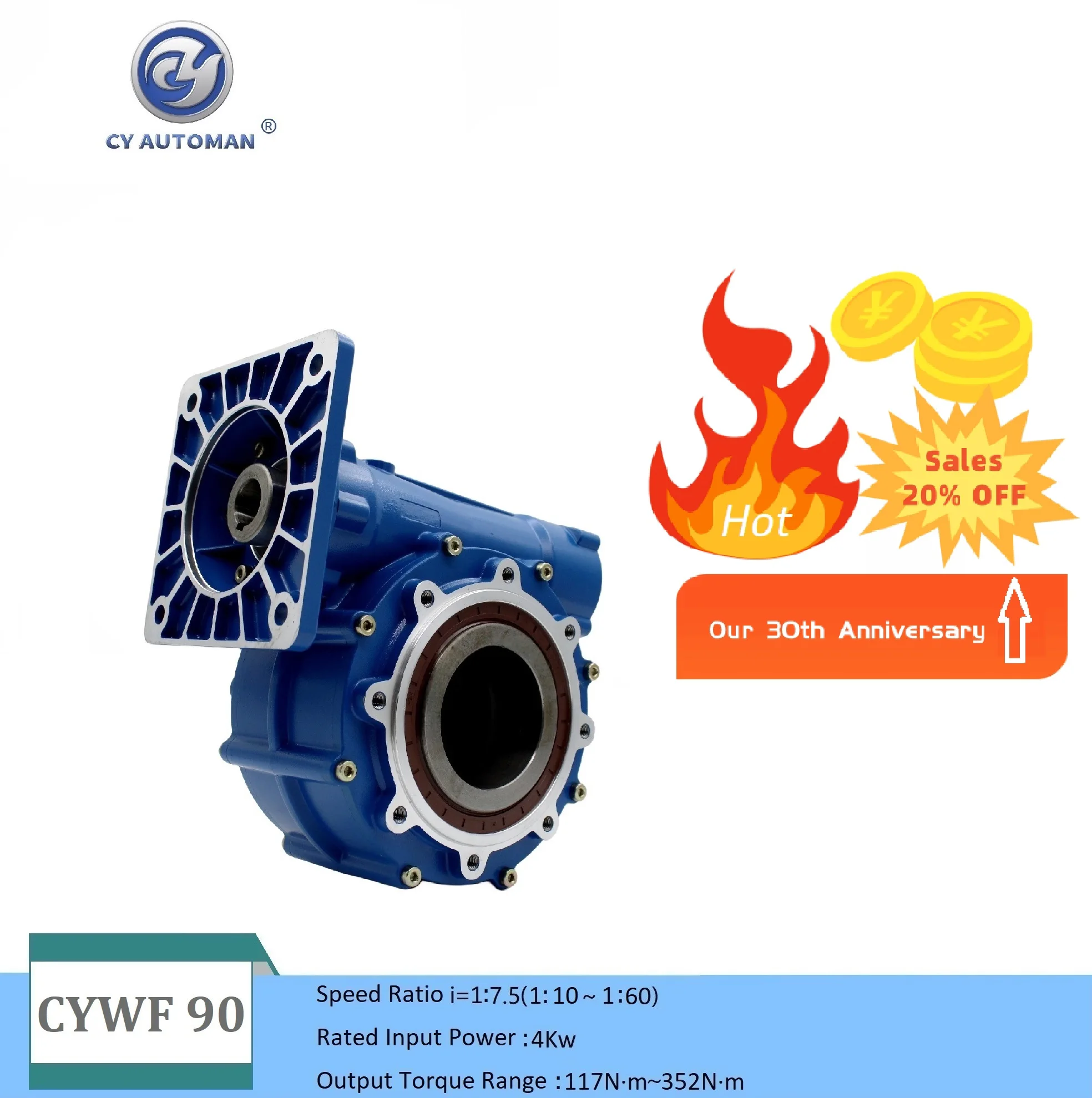 

CY Automan High Torque Worm Gear Reducer OEM Service CYWF 90 Input 35 mm Output 90mm Ratio 7.5:1/60:1 CNC Gearbox GW≈22Kgs