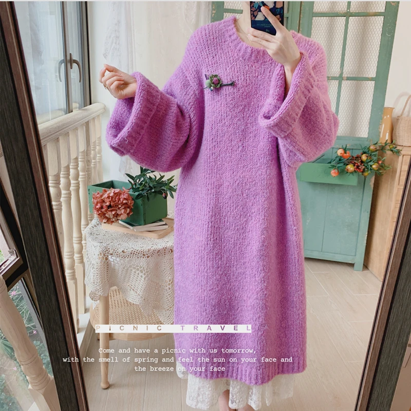 

Женское вязаное платье-свитер, свободное утепленное длинное платье-свитер с напуском и круглым вырезом, Осень-зима 2022