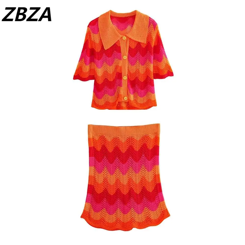 

ZBZA Set Women 2 Pieces 2023 New Sweet Mesh Knitted Polo Collar Blouses Vintage Mesh Knitted Overskirt Female Shirts Chic To