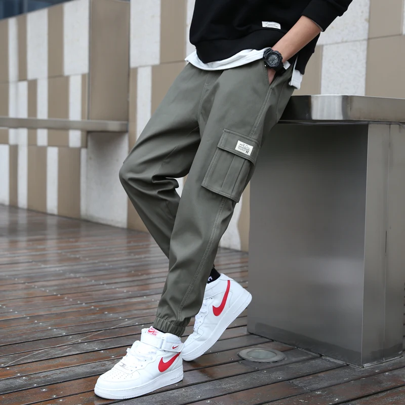 Cargo Pants Men Streetwear Hip Hop Pants Elastic Waist Harem Ankle Length Trousers Black Army Green Harajuku Loose Casual Pocket