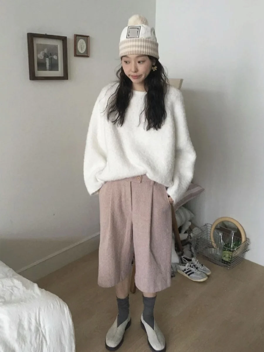 [Nana] Южная Корея Overdueflair Женский свитер с коротким круглым вырезом Свободный