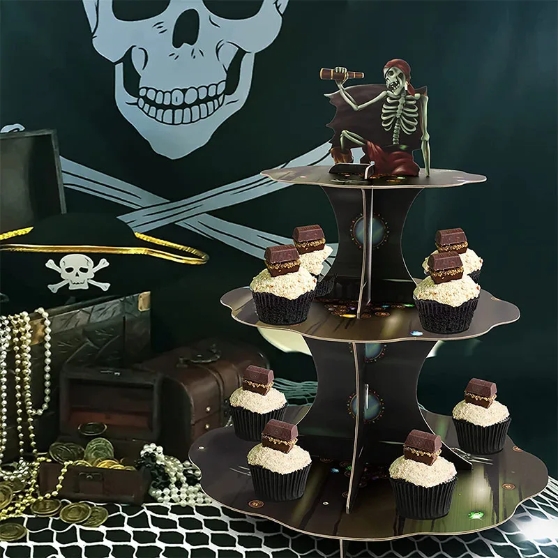 

Pirate Theme Happy Birthday Party Cupcake Stand Decoration Skull Pirate Halloween Party Coins Skeleton Cupcake Stand Supplies